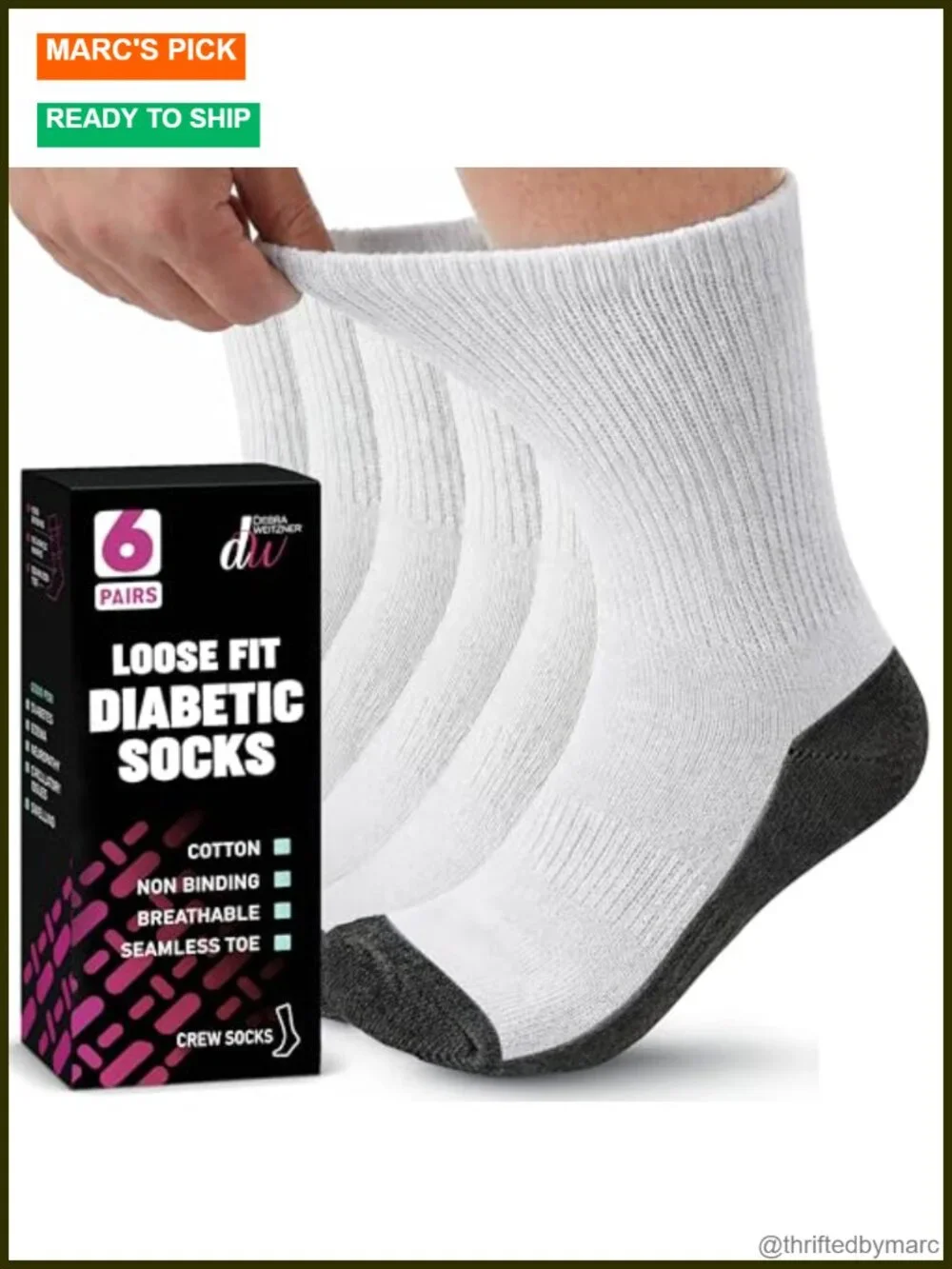 Diabetic Socks Loose Fit Non-Binding Cotton Crew Socks 6 Pairs